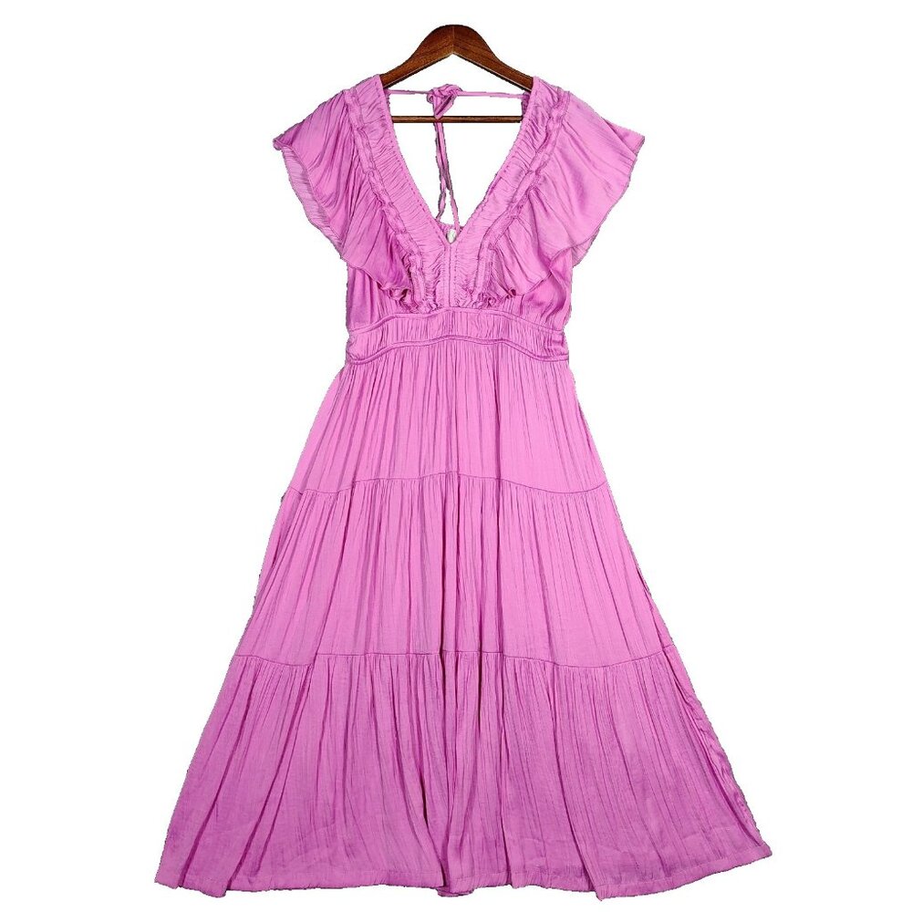 Joie Maxi Dress Women's L arge Pink Ruffles Tiered Flutter Sleeve Cottagecore